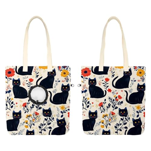 Niedliche schwarze Katzen und Blumen (27) Haustier-Schultertasche aus Segeltuch, niedliche Katzentragetasche, Handtasche, tragbare Tragetasche, für kleine Tiere, Outdoor-Reisen von CHENZZZZ