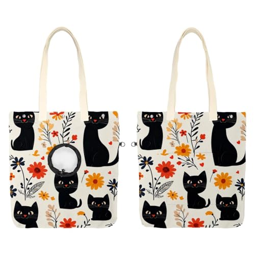 Niedliche schwarze Katzen und Blumen (29) Cat Out Tasche, freihändiger Show-Kopf-Katzen-Tragetasche, Katzenhalte-Schultertasche für Outdoor-Reisen von CHENZZZZ