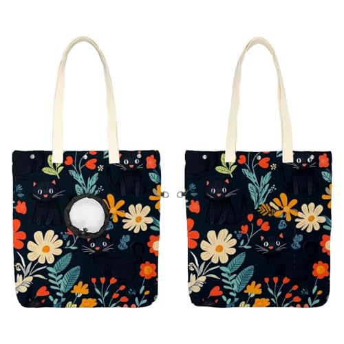 Niedliche schwarze Katzen und Blumen (30) Haustier-Schultertasche, süße Katzentragetasche, Handtasche, tragbare Tragetasche, Hundetasche für Kleintierbedarf, Outdoor-Reisen von CHENZZZZ