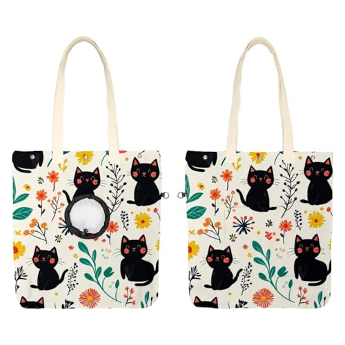 Niedliche schwarze Katzen und Blumen (32) Cat Out Tasche, freihändiger Show-Kopf-Katzen-Tragetasche, Katzenhalte-Schultertasche für Outdoor-Reisen von CHENZZZZ