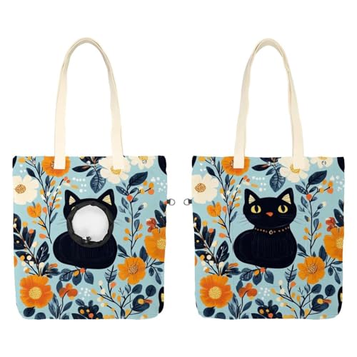 Niedliche schwarze Katzen und Blumen (37) Cat Out Tasche, freihändiger Show-Kopf-Katzen-Tragetasche, Katzenhalte-Schultertasche für Outdoor-Reisen von CHENZZZZ