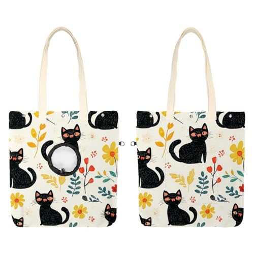 Niedliche schwarze Katzen und Blumen (46) Cat Out Tasche, freihändiger Show-Kopf-Katzen-Tragetasche, Katzenhalte-Schultertasche für Outdoor-Reisen von CHENZZZZ