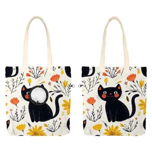 Niedliche schwarze Katzen und Blumen (54) Haustier-Schultertasche aus Segeltuch, niedliche Katzentragetasche, Handtasche, tragbare Tragetasche für kleine Tiere, Outdoor-Reisen von CHENZZZZ