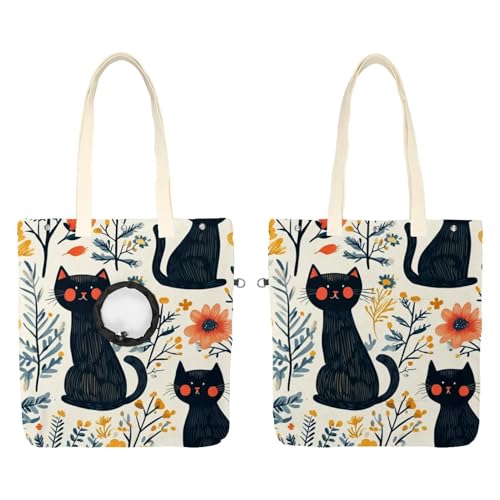 Niedliche schwarze Katzen und Blumen (55) Haustier-Schultertasche aus Segeltuch, niedliche Katzentragetasche, Handtasche, tragbare Tragetasche für kleine Tiere, Outdoor-Reisen von CHENZZZZ