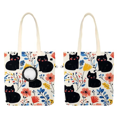 Niedliche schwarze Katzen und Blumen (61) Haustier-Schultertasche aus Segeltuch, niedliche Katzentragetasche, Handtasche, tragbare Tragetasche für kleine Tiere, Outdoor-Reisen von CHENZZZZ