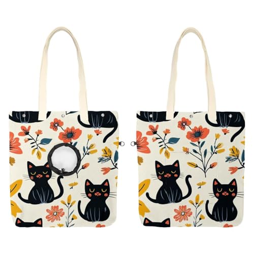 Niedliche schwarze Katzen und Blumen (62) Haustier-Schultertasche aus Segeltuch, niedliche Katzentragetasche, Handtasche, tragbare Tragetasche für kleine Tiere, Outdoor-Reisen von CHENZZZZ