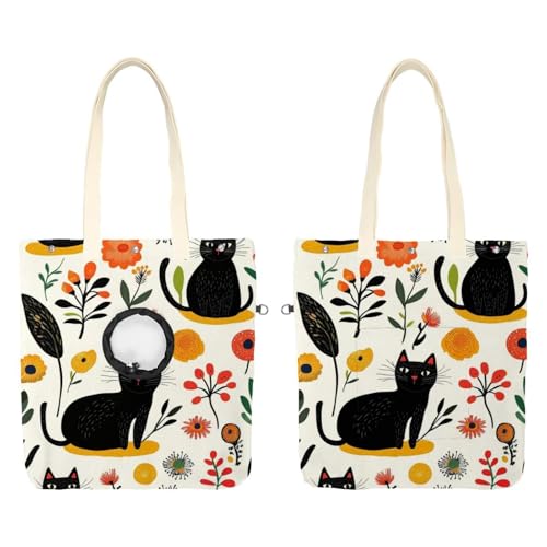 Niedliche schwarze Katzen und Blumen (63) Haustier-Schultertasche aus Segeltuch, niedliche Katzentragetasche, Handtasche, tragbare Tragetasche, für kleine Tiere, Outdoor-Reisen von CHENZZZZ