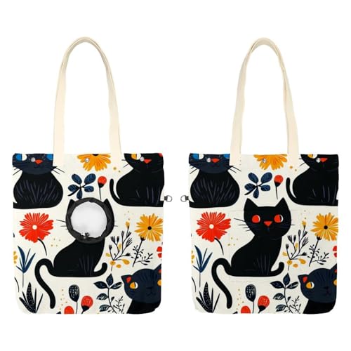 Niedliche schwarze Katzen und Blumen (68) Haustier-Schultertasche aus Segeltuch, niedliche Katzentragetasche, Handtasche, tragbare Tragetasche, für kleine Tiere, Outdoor-Reisen von CHENZZZZ