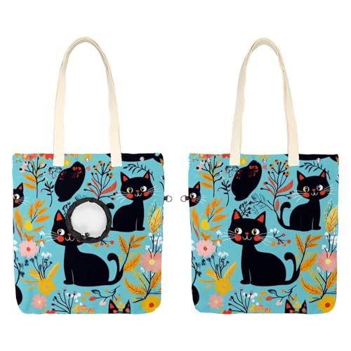 Show Head Pet Canvas Umhängetasche, niedliche schwarze Katzen und Blumen (12) Pet Out Tasche, Outcrop, Pet Out Umhängetasche von CHENZZZZ