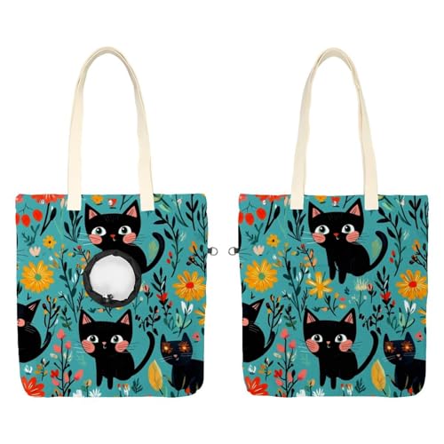 Show Head Pet Canvas Umhängetasche, niedliche schwarze Katzen und Blumen (28) Pet Out Bag Outcrop Pet Out Umhängetasche von CHENZZZZ