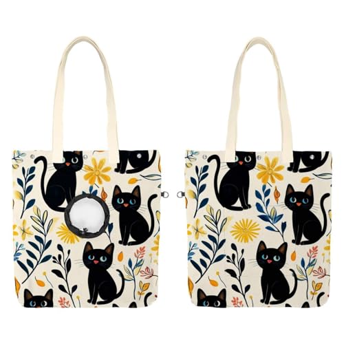 Süße schwarze Katzen und Blumen (24) Haustier-Schultertasche aus Segeltuch, niedliche Katzentragetasche, Handtasche, tragbare Tragetasche, für kleine Tiere, Outdoor-Reisen von CHENZZZZ