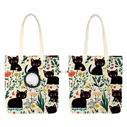 Süße schwarze Katzen und Blumen (3) Haustier Canvas Umhängetasche Niedliche Katze Tragetasche Tragbare Tragetasche Hund Tragetasche für Kleintierbedarf Outdoor Reisen von CHENZZZZ