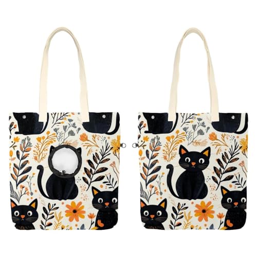 Süße schwarze Katzen und Blumen (33) Haustier-Schultertasche aus Segeltuch, niedliche Katzentragetasche, Handtasche, tragbare Tragetasche für kleine Tiere, Outdoor-Reisen von CHENZZZZ