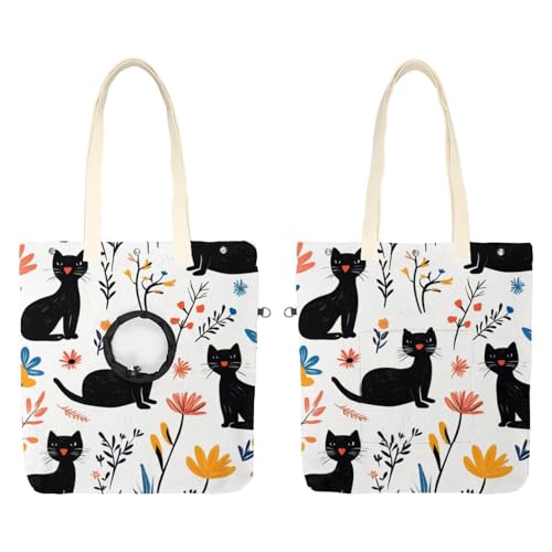 Süße schwarze Katzen und Blumen (7) Haustier-Schultertasche aus Segeltuch, niedliche Katzentragetasche, tragbare Tragetasche für kleine Tiere, Outdoor-Reisen von CHENZZZZ