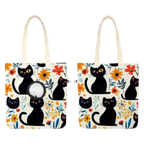 Süße schwarze Katzen und Blumen (74) Haustier-Schultertasche aus Segeltuch, niedliche Katzentragetasche, Handtasche, tragbare Tragetasche, für kleine Tiere, Outdoor-Reisen von CHENZZZZ