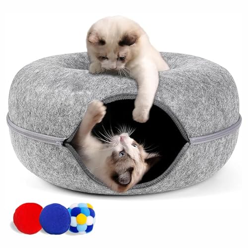 Cherie Bear Donut-Design Katzentunnelbett für Indoor-Katzen mit 3 Bällen, Filz-Katzentunnel-Höhlenbett mit Reißverschluss-Design, interaktives Katzenspielzeug für Spaß und Komfort, gemütliches von CHERIE BEAR