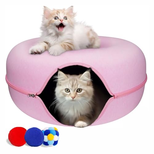 Cherie Bear Donut-Design Katzentunnelbett für Indoor-Katzen mit 3 Bällen, Filz-Katzentunnel-Höhlenbett mit Reißverschluss-Design, interaktives Katzenspielzeug für Spaß und Komfort, gemütliches von CHERIE BEAR