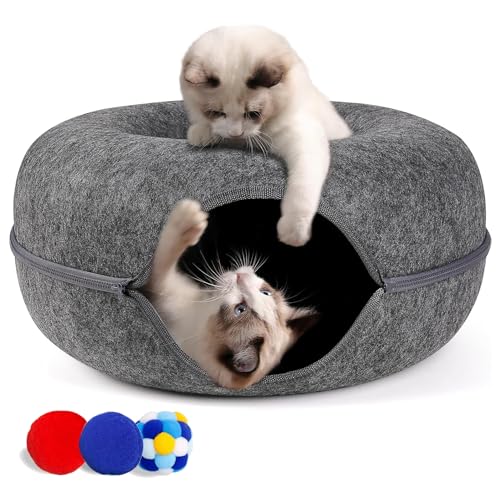 Cherie Bear Donut-Design Katzentunnelbett für Indoor-Katzen mit 3 Bällen, Filz-Katzentunnel-Höhlenbett mit Reißverschluss-Design, interaktives Katzenspielzeug für Spaß und Komfort, gemütliches von CHERIE BEAR