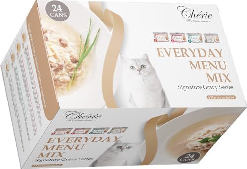 Chérie Premium Täglicher Menümix 24 x 80g - Hochwertiges Nassfutter für Katzen, Getreidefrei & Zuckerfrei, Gratis 4 Dosen - Nassfutter für Katzen, Katzenfutter ohne Getreide und Zucker von CHÉRIE