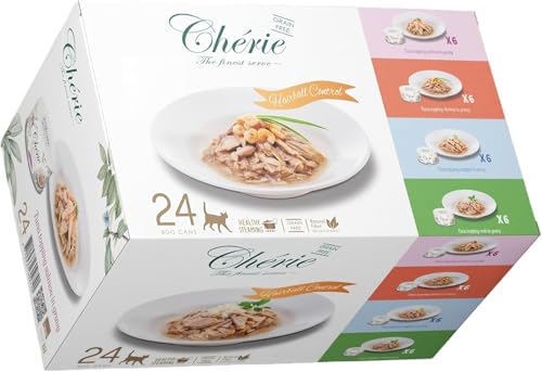 Chérie Premium Kollektion zur Haarballenkontrolle 24 x 80g - Hochwertiges Nassfutter für Katzen, Getreidefrei & Zuckerfrei - Nassfutter für Katzen (Kolekcja) von CHÉRIE