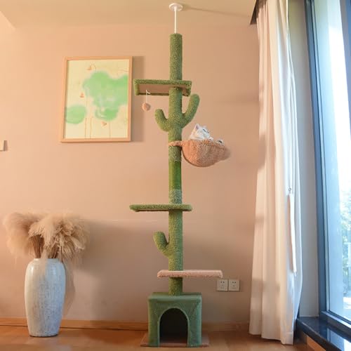 Großer Kratzbaum Deckenhoch, Katzenkletterturm mit Hängematte, Katzenklettergerüst für Indoor-Katzen mit Mehreren Ebenen & Kratzbäumen, Kaktus-Optik, Grün von CHFUNE