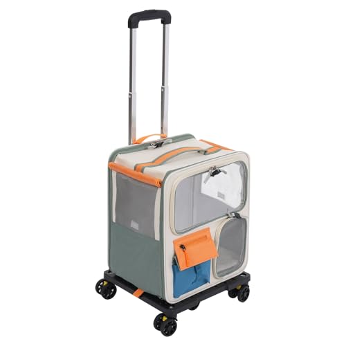 Haustier-Reisetrage, Katze Transportbox mit Abnehmbarem Trolley, Hunderucksack bis 12.5 kg mit Einstellbar Schultergurt, Atmungsaktive Tiertransporter für Katzen und Welpen, 37 * 27 * 42 cm von CHFUNE