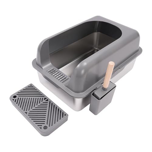 Katzenklo Edelstahl, Katzentoilette mit Katzenstreu Schaufel und Anti-Leckage Sand Pedal, Große Offene Katzentoilette, Cat Litter Box Groß für Große Katzen, 40.8 * 60.8 * 29.3 cm, grau von CHFUNE