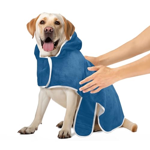 Bademantel für Hunde und Katzen Marine Blau Hund Strandtuch Saugfähig Schnell Trocknend Hundehandtuch Wrap mit Magic Sticker Halsband, M von CHIFIGNO