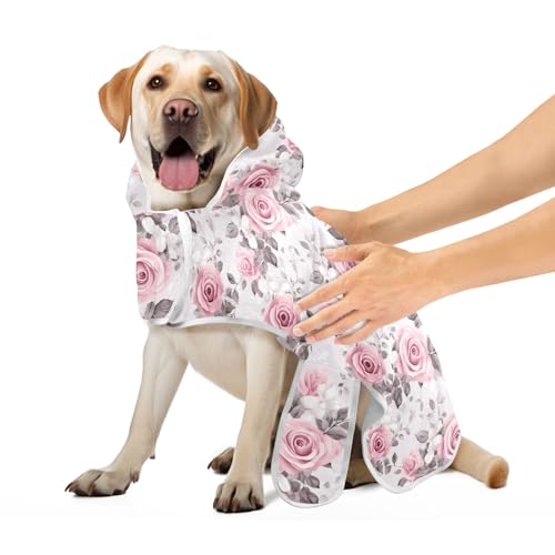 Rosa Rosen Graue Blätter Robe für Haustiere mit magischem Aufkleber Halsband Hundebadetuch Leicht Schnell trocknend Hundebadezubehör M von CHIFIGNO