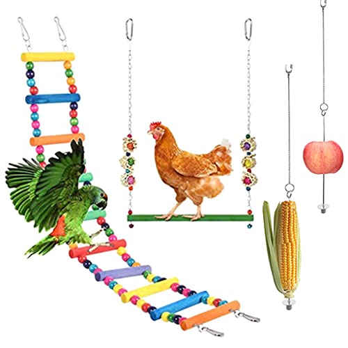 CHIZISX Vogelfutterstation, 4 Stück, Huhn für Hühner, große Vögel, Schaukel, bunte Leiter und Sitzstange, Metall, Gemüse-Futterspender zum Aufhängen von CHIZISX