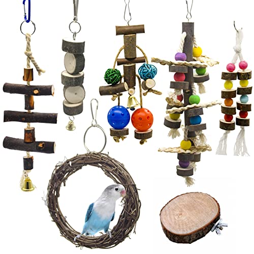 CHIZISX Vogelspielzeug, 7-teiliges Vogel-Set, Papageien-Kaublöcke mit Glocken, Schaukelstange, Holzplattform für Conure von CHIZISX