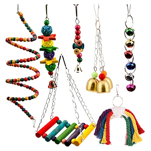 CHIZISX Vogelspielzeug, Vogelspielzeug, 7-teiliges Set mit Schaukelleiter, Perlen, Sitzstange, Glocken, Seil, Kauspielzeug für Käfig, bunte Dekoration von CHIZISX