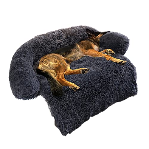 Beruhigendes Hundebett, flauschige Plüsch-Hundematte für Möbelschutz mit abnehmbarem, waschbarem Bezug für große, mittelgroße und kleine Hunde und Katzen (groß (45 x 37 x 6), Dunkelgrau) von GGIB