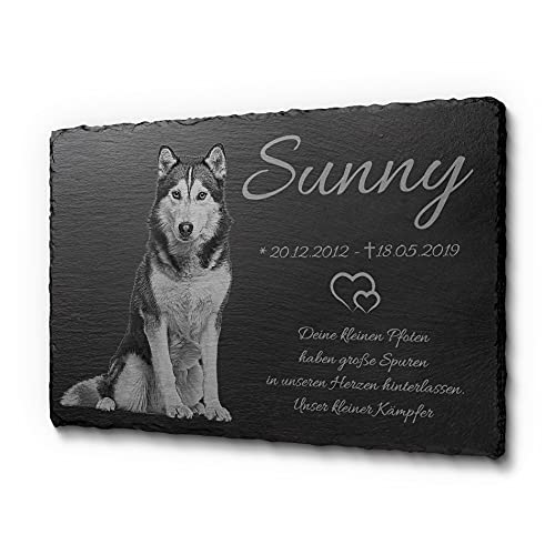 CHRISCK design 30 x 20 cm Schiefertafel für Haustiere Hund Katze personalisiert | Gedenktafel für Tiere mit schönen Motiven | Hundegrabstein aus Schiefer für Hunde und Katzen von CHRISCK design