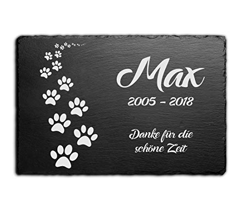 Tier Grabstein Hund Katze mit Gravur - Gedenkstein Hunde Katzen aus Schiefer mit Pfote & vielen anderen Motiven - Exklusiv: Wetterfester Gravurschutz! Gedenktafel Grabschmuck Grabdeko Tiere - Andenken von CHRISCK design