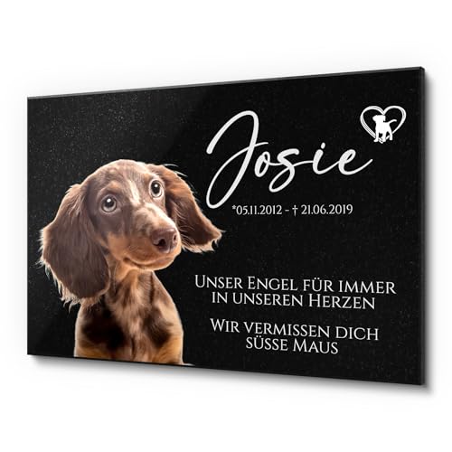 CHRISCK design Granit Hunde Grabschmuck mit eigenem Foto und Pfoten Spuren | Hundegrabstein aus Granit für Hunde 30x20 cm | Tiergrabstein für Haustiere personalisiert | Wetterfeste Tiergrab Deko Hund von CHRISCK design