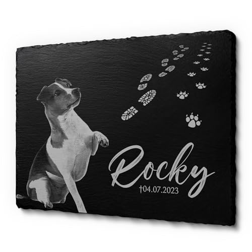 CHRISCK design Schiefer Gedenkstein Gedenktafel mit Einer Laser-Gravur für Hunde und Katzen | Grabplatte für Hunde und Katzen mit Text | Grabstein für den Garten oder Innen- & Aussenbereich von CHRISCK design