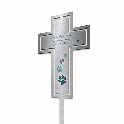 Edelstahl Grabstecker Kreuz Hund Katze - Blumenstecker Tier | Personalisierter Metall Grabschmuck wetterfest Tiere | Tiergrab Hundegrab Katzengrab Deko | Trauer Andenken (Festes Design) von CHRISCK design