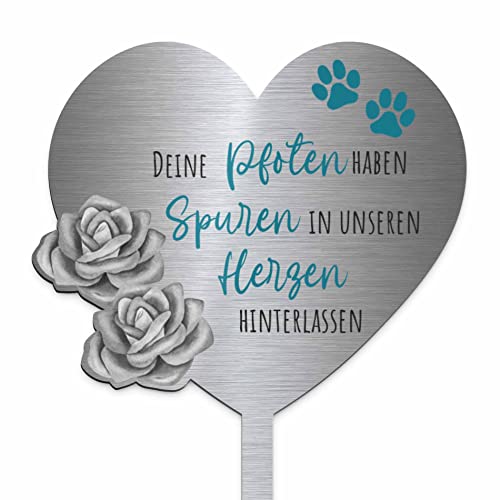 Edelstahl Grabstecker für Hund Katze - Blumenstecker Herz mit Blumen - Gartenstecker | Personalisierter Metall Grabschmuck wetterfest Tiere | Tiergrab Deko | Trauer Andenken (Festes Design) von CHRISCK design