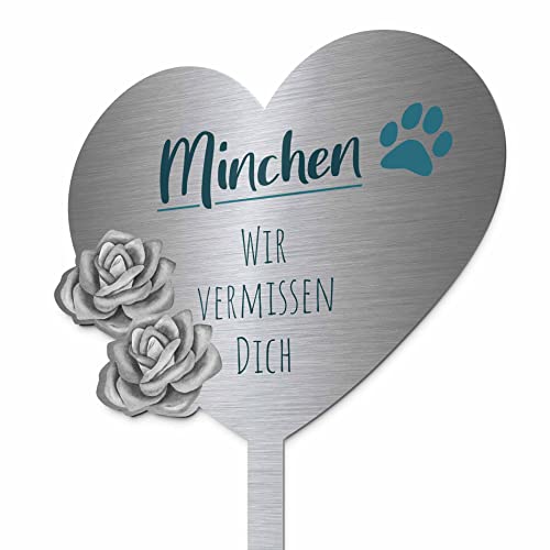 Edelstahl Grabstecker für Hund Katze - Blumenstecker Herz mit Blumen - Gartenstecker | Personalisierter Metall Grabschmuck wetterfest Tiere | Tiergrab Deko | Trauer Andenken (Personalisierbar) von CHRISCK design