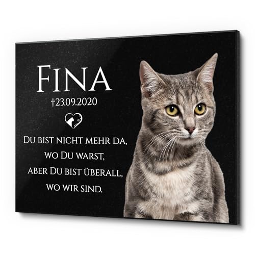 Granit Grabschmuck Katze mit eigenem Bild (kostenlos freigestellt) - Schwarz glitzernder Katzengrabstein mit Herz Symbol | Gedenkstein für Katzen mit Wunsch Text | Grab Deko für Katzengrab o. Zuhause von CHRISCK design