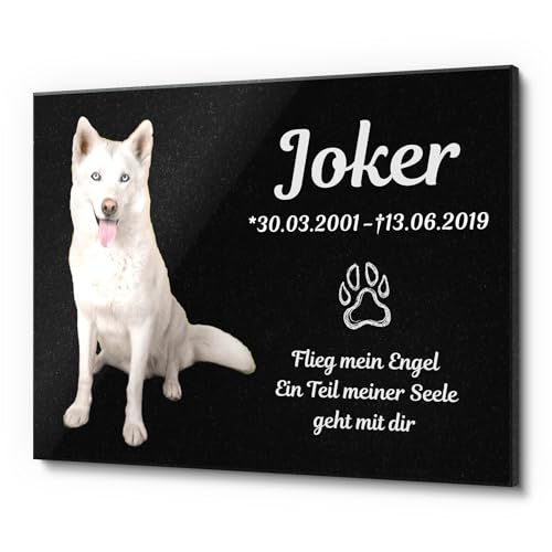 Hundegedenkstein aus Granit mit eigenem Foto (kostenlose Freistellung!) und Pfoten Motiv | 20x15 cm Gedenktafel für Haustiere Hund Katze personalisiert | Hochwertiger Tiergrabstein wetterfest von CHRISCK design