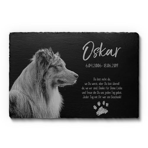 CHRISCK design Grabplatte Hund und Katze aus Schiefer mit Gravur & Foto | Wetterfester Gravurschutz! Katzen - Hunde Gedenkstein mit Bild & schönen Motiven | Grabstein Tiergrabstein draußen 30x20 cm von CHRISCK design