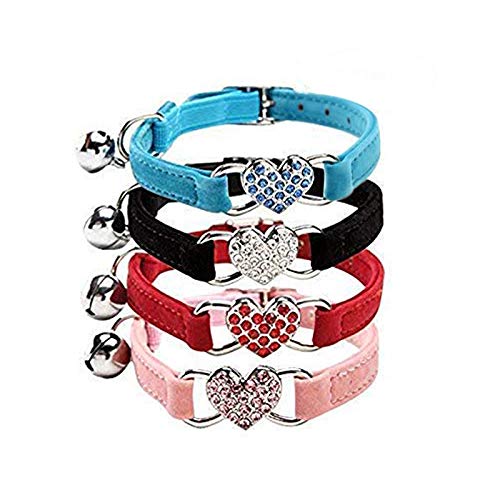 CHUKCHI verstellbares Katzen-Halsband mit Glocke und Herzanhänger mit Kristallsteinen, weicher Samtstoff, sicheres Halsband, 20,3-28 cm von CHUKCHI