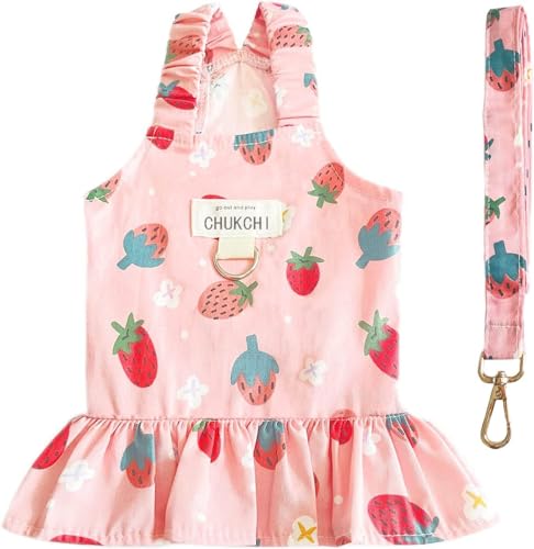 Starwberry Hundekleid-Set mit Geschirr und Leine, niedliches Prinzessinnenkleid, Obstdruck, Welpenkleider, Mädchen, Hundekleidung für kleine Hunde, Katzen, Chihuahua, Yorkie (Rosa Erdbeere, M (Brust von CHUKCHI