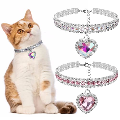 2 Stück Diamant-Halsband für Katzen Bling Haustier Hundehalsband Mode Kristall Diamant Verstellbare Strass Katzenhalsbänder für Welpen Kätzchen (Herz, S) von CHUNZHILAI