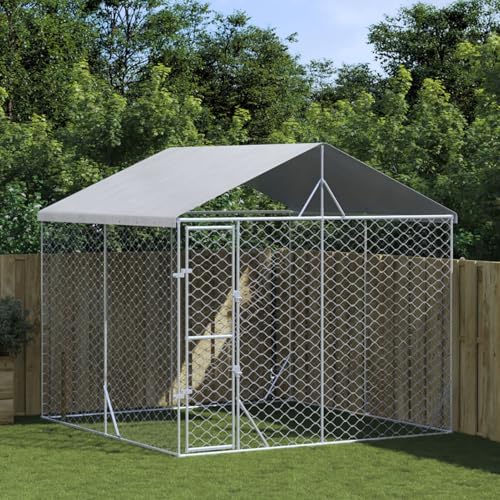 CIADAZ Outdoor-Hundezwinger mit Dach Silbern 3x3x2,5m Verzinkter Stahl, Kaninchenstall, Legenester Für Hühner, Hühnerhaus, Hasenstall Draußen von CIADAZ