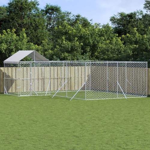 CIADAZ Outdoor-Hundezwinger mit Dach Silbern 6x6x2,5m Verzinkter Stahl, Kaninchenstall, Legenester Für Hühner, Hühnerhaus, Hasenstall Draußen 3190471 von CIADAZ