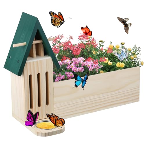 Holz Schmetterlingshaus und Futterstation mit Blumentopf mit Drainagelöchern, 3-in-1 Natur Schmetterling Lebensraum Schmetterlingshaus für Garten Außendekoration von CIEOVO