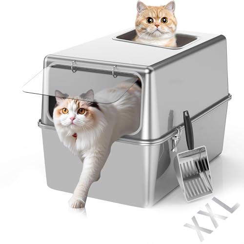 CIGAA Geschlossene Katzentoilette aus Edelstahl, 60 L x 40 B x 35 H cm, extra große Katzentoilette mit Deckel, Geschlossenes Metall XXL Katzentoilette mit Schaufel für alle Katzen, nicht klebrig, von CIGAA